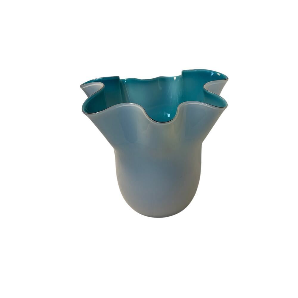 Blue, white Murano style hankerchief vase. 9.5 inch ht. unmarked. MCM. Vintage